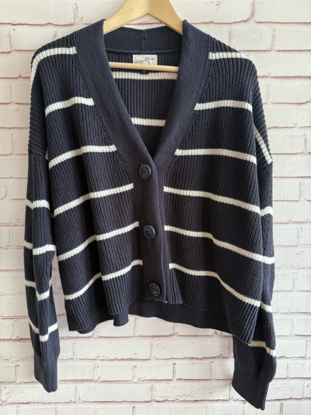 Striped V-Neck Navy‎ and White Button Cardigan Sweater